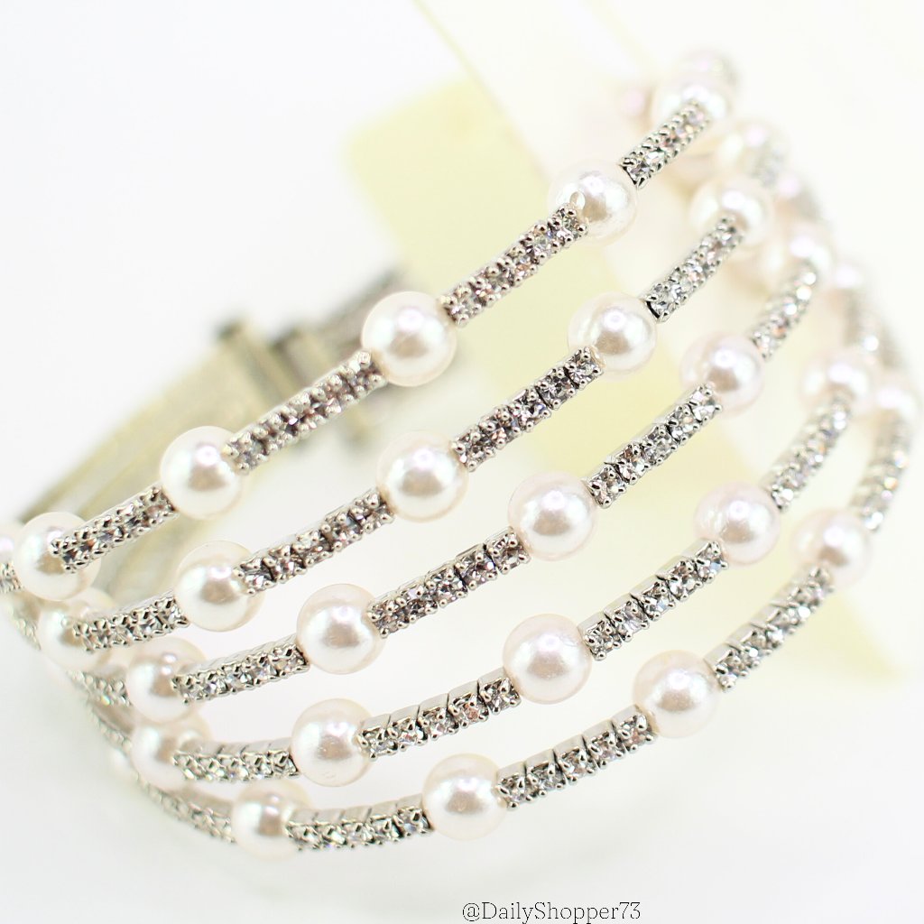 C Est. 1946 Women's Pearl And Rhinestone Silver Bangle Bracelet